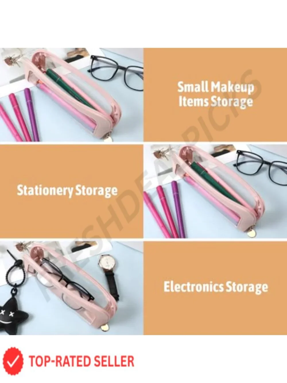 PU Leather Transparent Makeup Brush Travel Bag Toiletry Holder with Zipper